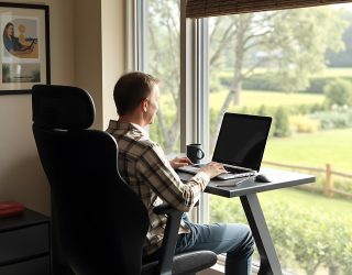 Persona trabajando en casa con un setup ergonómico y buena postura