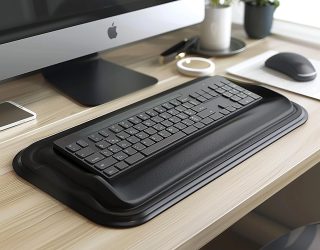 Teclado y ratón ergonómicos en un escritorio minimalista