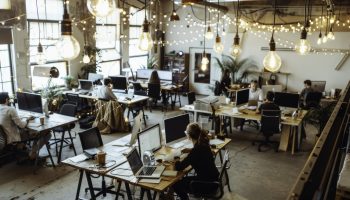 Stylish open office space with creative professionals working at modern desks, surrounded by plants and warm lighting.